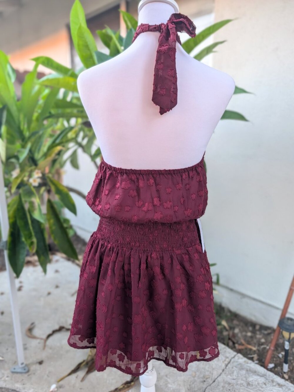 Princess Polly Eurythmic scarf halter mini dress Burgundy jacquard 6 NWT - Picture 9 of 15